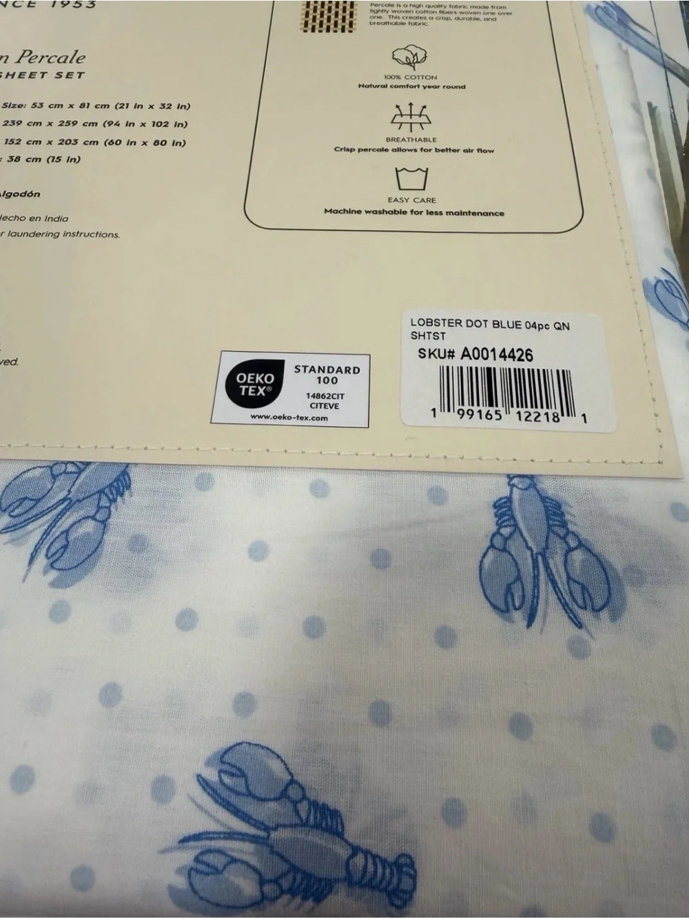 Laura Ashley QUEEN Lobster Polka Dot Blue 4Pc Sheet Set 100% Cotton Percale